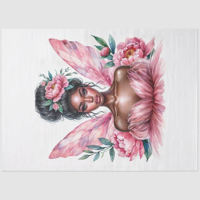 Black Girl Fairy Pink Peonies Watercolor Tissue Paper (Front)