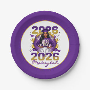 Black Girl Grad Era 2026 Purple and Gold Paper Plate