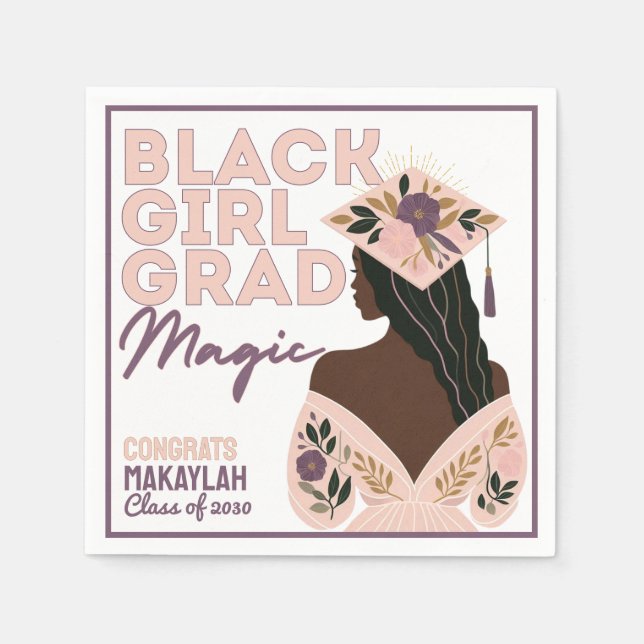 Black Girl Grad Magic Floral Boho Graduation Party Napkin (Front)