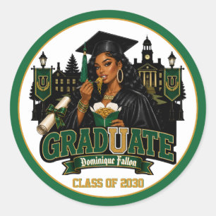 Black Girl Grad Party Green Gold Class 2026 Classic Round Sticker