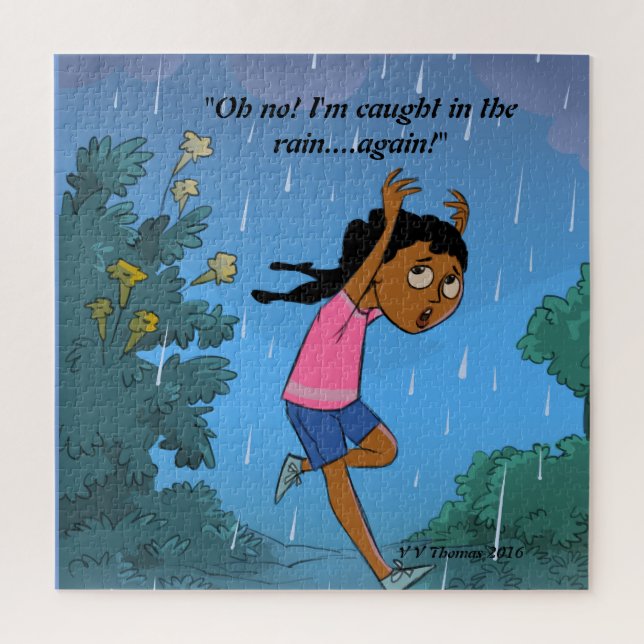 Black girl in the rain cute cartoon jigsaw puzzle (Vertical)