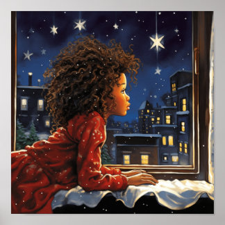 Black Girl Looking At The Night Sky for Santa Poster