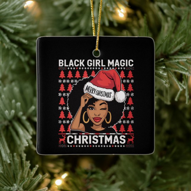 Black Girl Magic Merry Christmas African American  Ceramic Ornament (Tree)