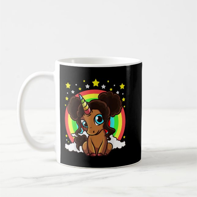 Black Girl Magic Unicorn Afro Puffs Brown Skin Cut Coffee Mug (Left)