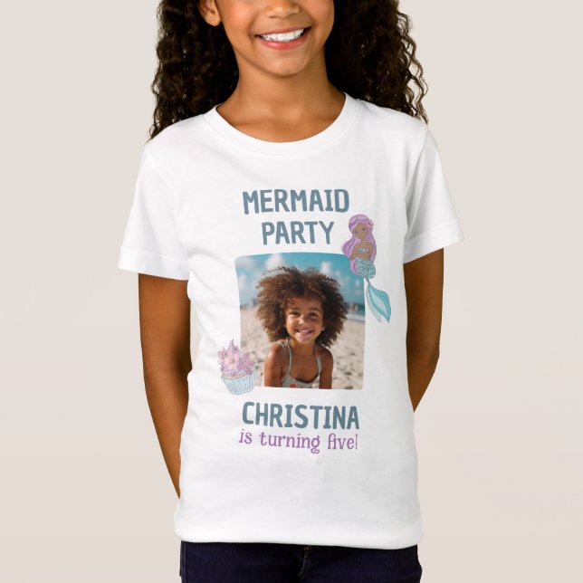 Black Girl Mermaid Birthday Party Custom Photo T-Shirt (Front)