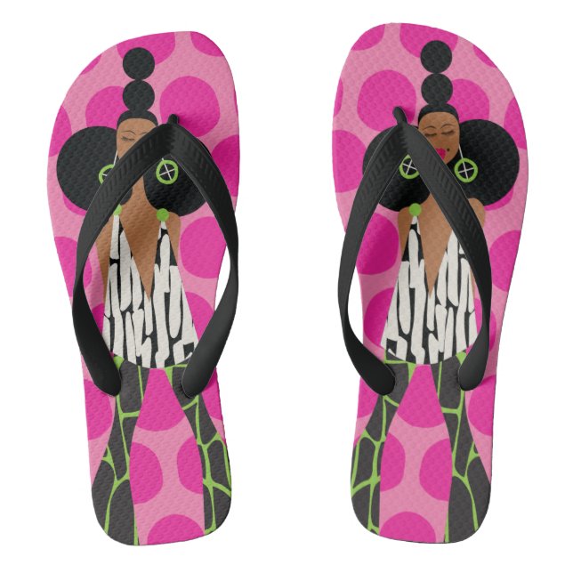 Black Girl on Pink, Black, Green and White Jandals (Footbed)