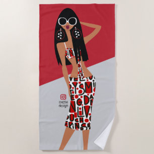Black Girl on Red, White, Grey and Black Beach Towel