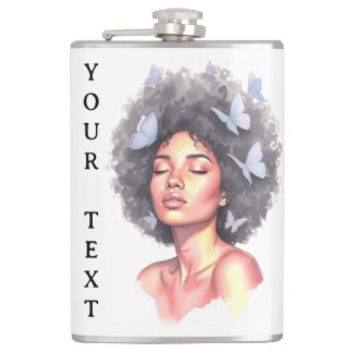 Black Girl Pastel Minimalistic Butterfly Custom Hip Flask