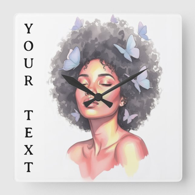 Black Girl Pastel Minimalistic Butterfly Custom Square Wall Clock (Front)