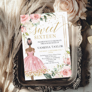 Black Girl Princess pink dress blush floral gold Invitation