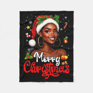 Black Girl Santa Hat Merry Christmas Pajama Africa Fleece Blanket