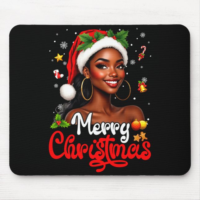 Black Girl Santa Hat Merry Christmas Pajama Africa Mouse Pad (Front)