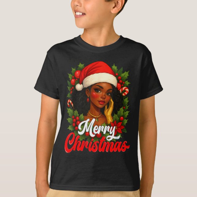 Black Girl Santa Hat Merry Christmas Pajama Africa T-Shirt (Front)