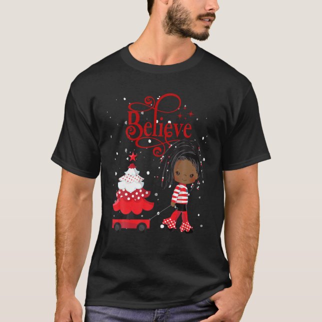 Black Girl Santa Holiday African American Christma T-Shirt (Front)