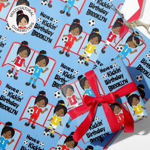 Black Girl Soccer Birthday Personalised Wrapping Paper