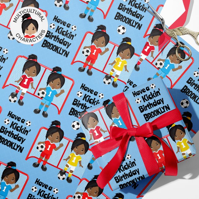 Black Girl Soccer Birthday Personalised Wrapping Paper (Creator Uploaded)