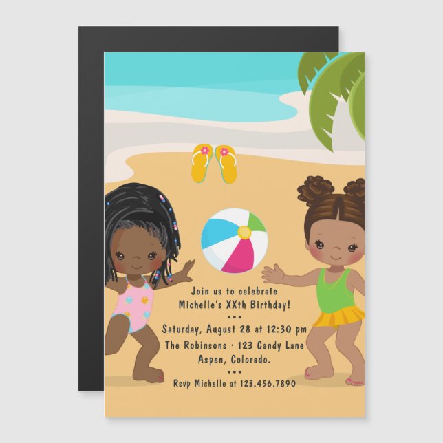 Black Girl Summer Beach Birthday Party Magnetic Invitation (Front/Back)