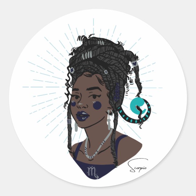 Black Girl Zodiac Magic: Scorpio Classic Round Sticker (Front)