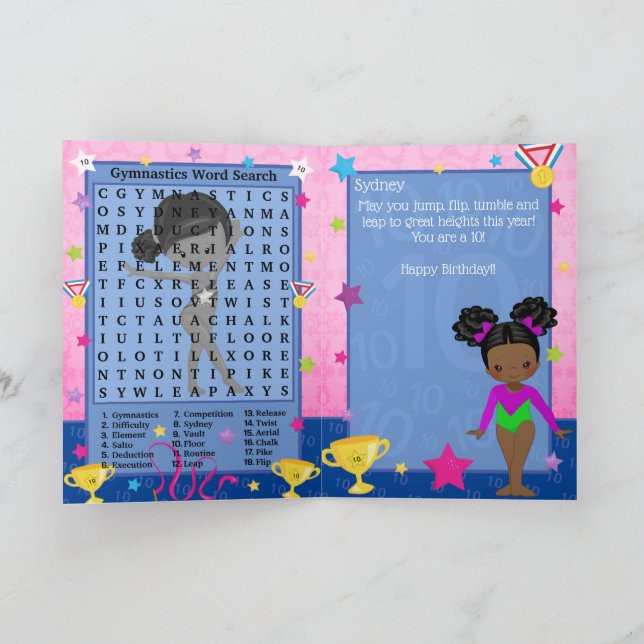 Black Girls Gymnastics Word Search Happy Birthday Card (Inside)