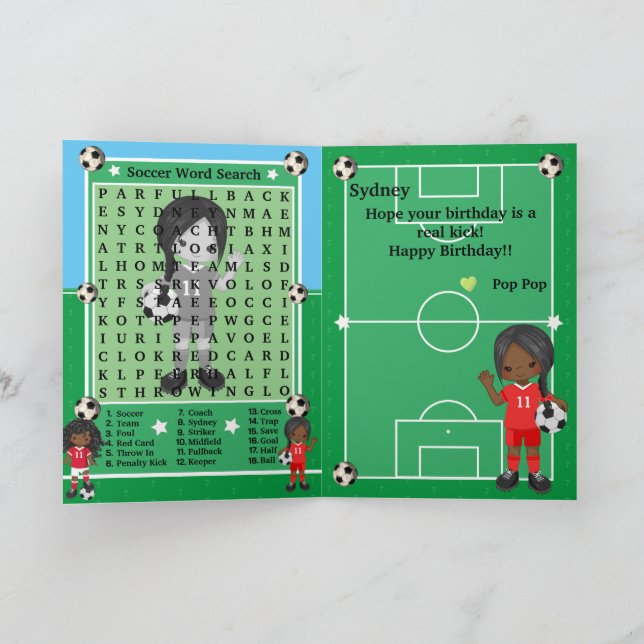 Black Girls Soccer Word Search Happy Birthday Card (Inside)