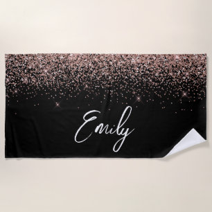 Black Girly Rose Gold Blush Pink Glitter Monogram Beach Towel