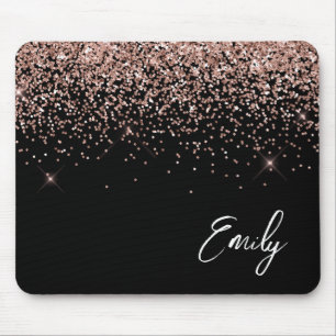 Black Girly Rose Gold Blush Pink Glitter Monogram Mouse Pad