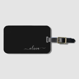 Black Girly Script Monogram Name Modern Luggage Tag