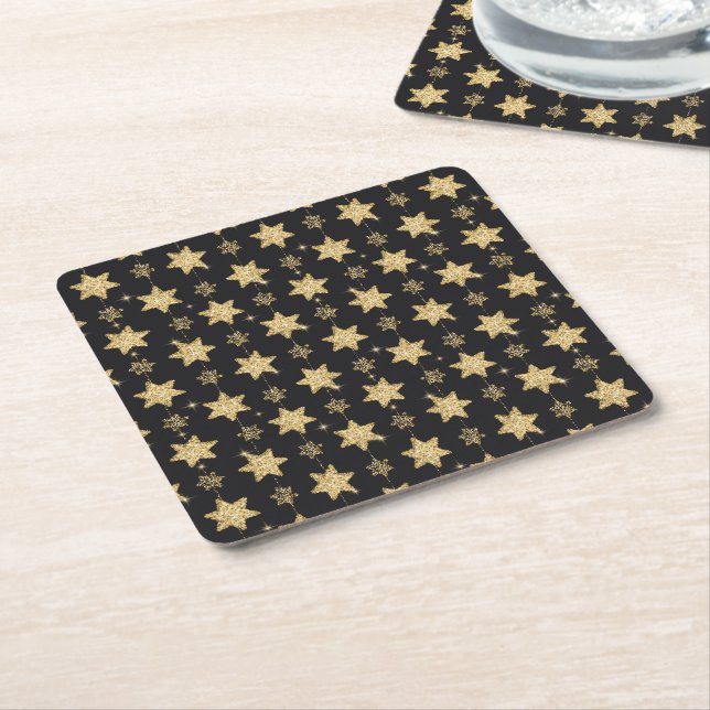 Black Glam Glitter Stars Pattern Square Paper Coaster (Angled)