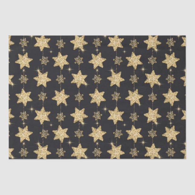 Black Glam Glitter Stars Pattern Tissue Paper (Front)