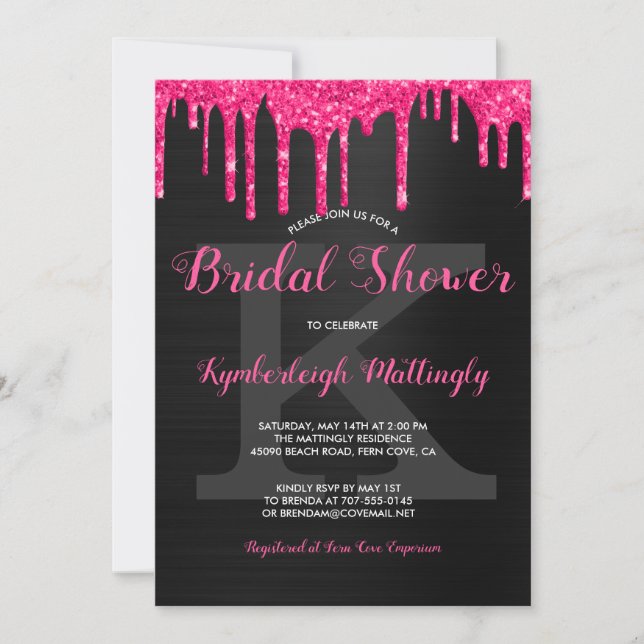 Black Glam Hot Pink Glitter Drips Bridal Shower Invitation (Front)