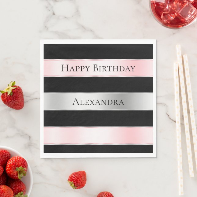 Black Glam Silver Blush Pink Ribbon Birthday Napkin (Insitu)