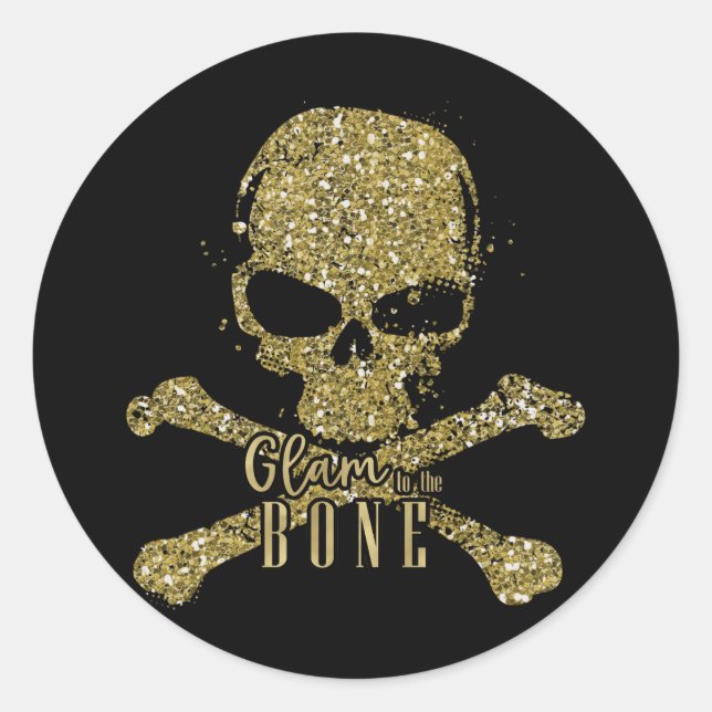 Black Glam to the Bone Gold Glitter Skull Classic Round Sticker (Front)