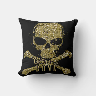 Black Glam to the Bone Gold Glitter Skull Cushion