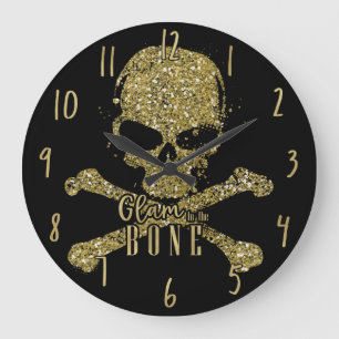 Black Glam to the Bone Gold Glitter Skull Large Clock
