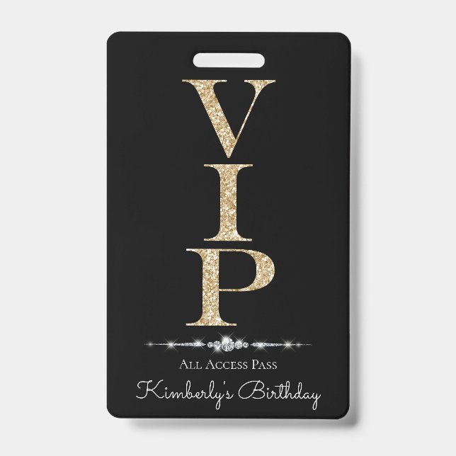 Black Glamourous Diamonds Gold Glitter VIP Loyalty ID Badge (Front)