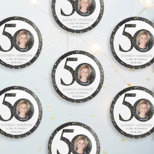 Black Glitter 50 & Fabulous Photo Classic Round Sticker