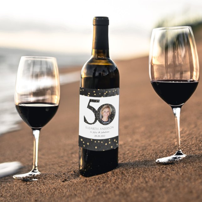 Black Glitter 50 & Fabulous Photo Wine Label (Creator Uploaded)