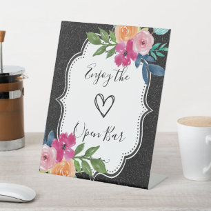 Black Glitter and Floral Rainbow Open Bar Sign