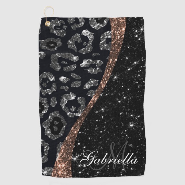 Black Glitter and Leopard Print Golf Towel (Front)
