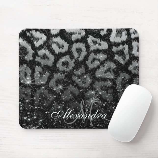 Black Glitter and Leopard Print Mouse Pad (With Mouse)