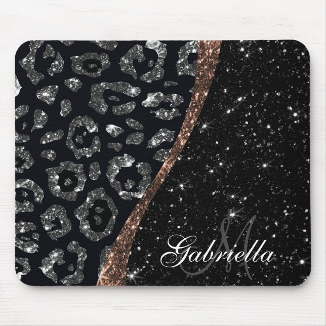 Black Glitter and Leopard Print Mouse Pad (Front)