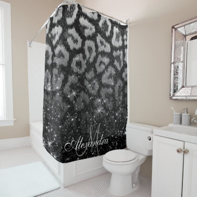 Black Glitter and Leopard Print Shower Curtain (In Situ)