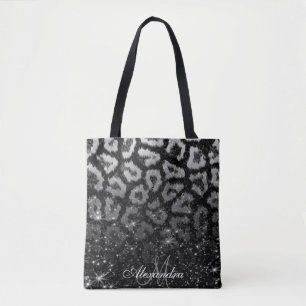 Black Glitter and Leopard Print Tote Bag
