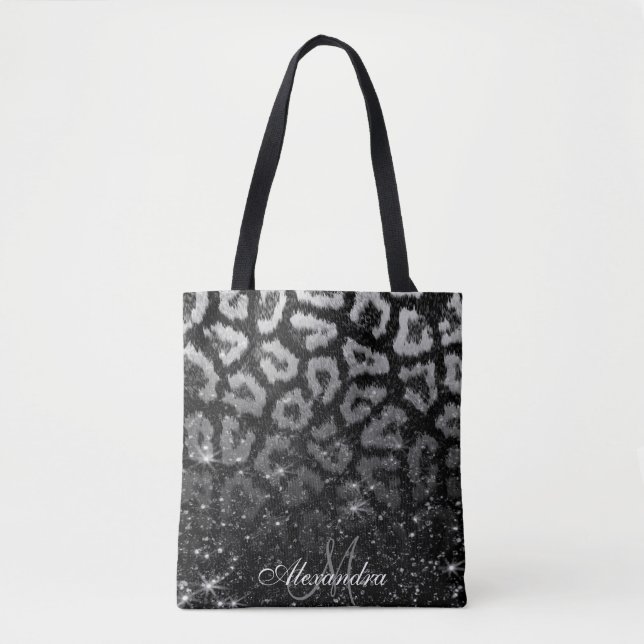 Black Glitter and Leopard Print Tote Bag (Front)