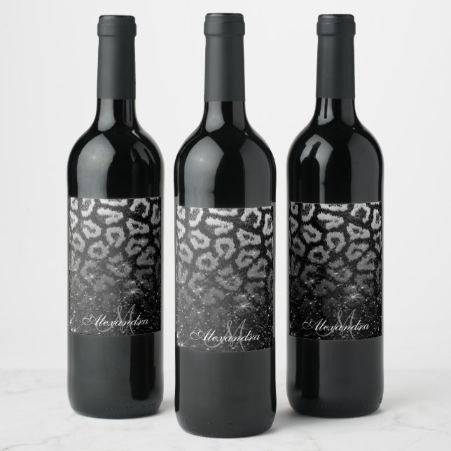 Black Glitter and Leopard Print Wine Label (Bottles)