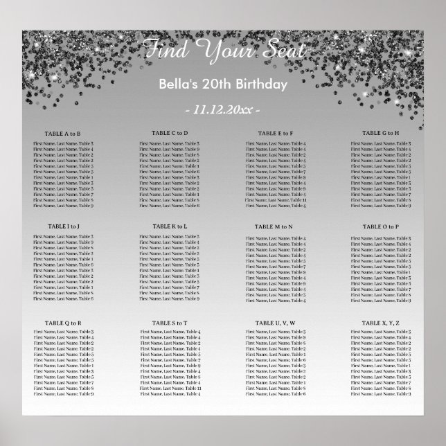 Black Glitter Birthday Alphabetic Seating Plan Poster (Front)