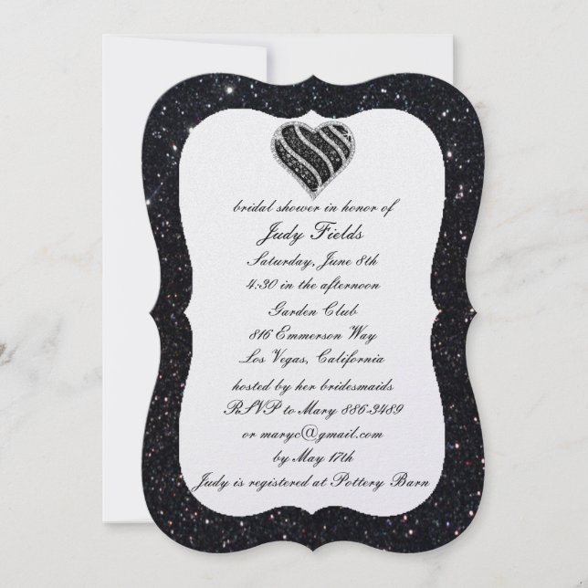 Black Glitter Black Heart Bridal Shower Invitation (Front)