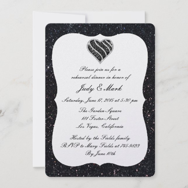 Black Glitter Black Heart Rehearsal Dinner Invite (Front)