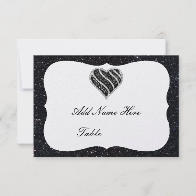 Black Glitter Black Heart Table Place Card (Front)