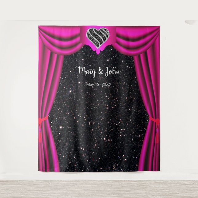 Black Glitter Black & White Heart Pink Curtain Tapestry (Front)